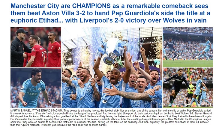 Tờ Daily Mail: "màn ngược dòng vĩ đại nhất của Man City"