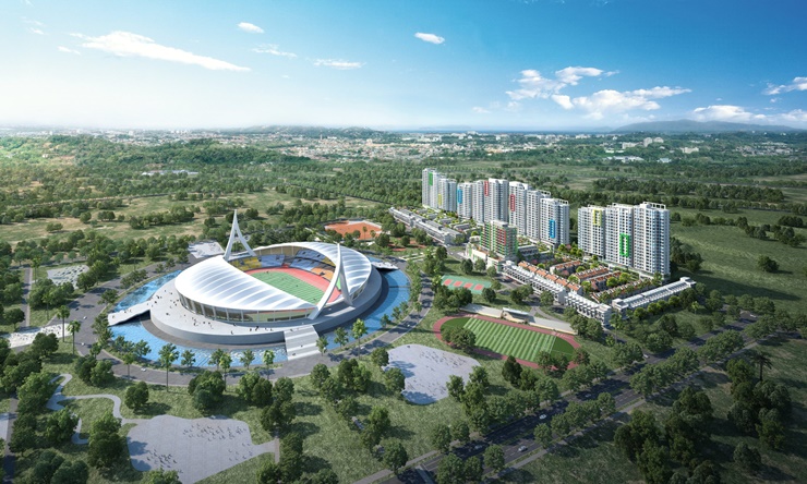 Công trình sẽ bao gồm nhiều khối nhà cao tầng nằm ngay gần sân vận động mới được khánh thành của Campuchia.
