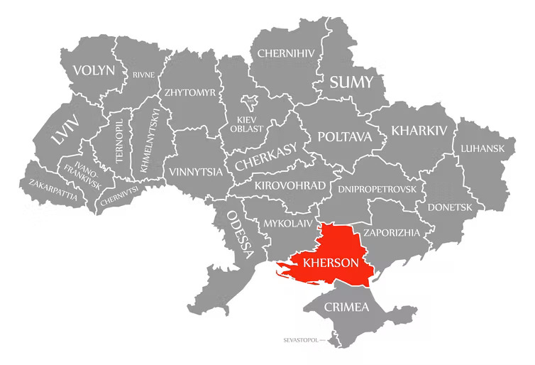 Thành phố Kherson (màu đỏ) giáp với Crimea và kế đó về phía đông&nbsp;là thành phố Zaporozhye trên bản đồ (ảnh: Conversation)
