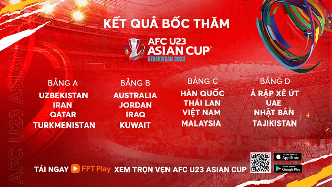 U23 Việt Nam rơi vào bảng C với những đối thủ Hàn Quốc, Malaysia và Thái Lan