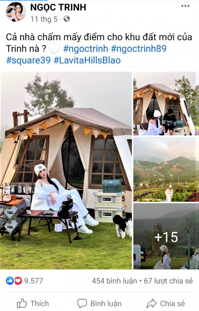 Người mẫu Ngọc Trinh cắm trại trên khu đất của bà Nguyễn Thị Thu Nguyệt, sau đó đăng tin đã mua 11 ha tại Bảo Lộc