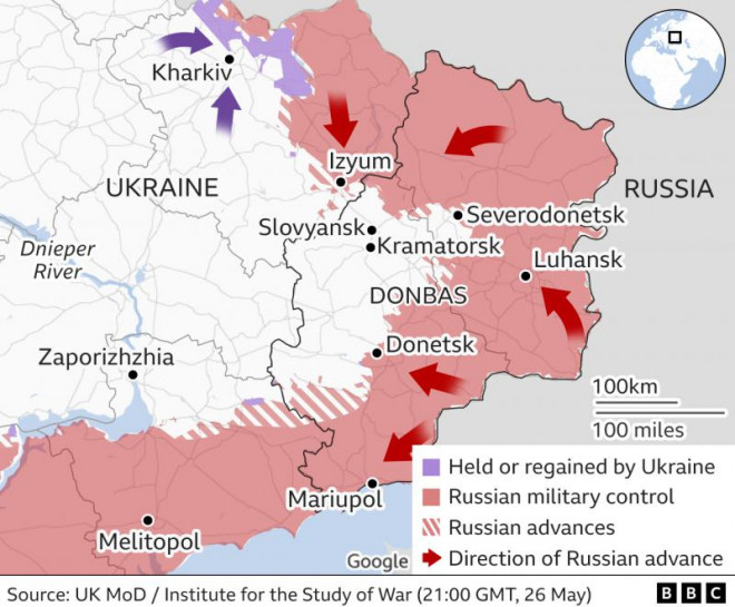 Bản đồ tình trạng kiểm soát ở Donbass, trong đó màu đỏ là khu vực do Nga kiểm soát. Đồ hoạ ISW/BBC
