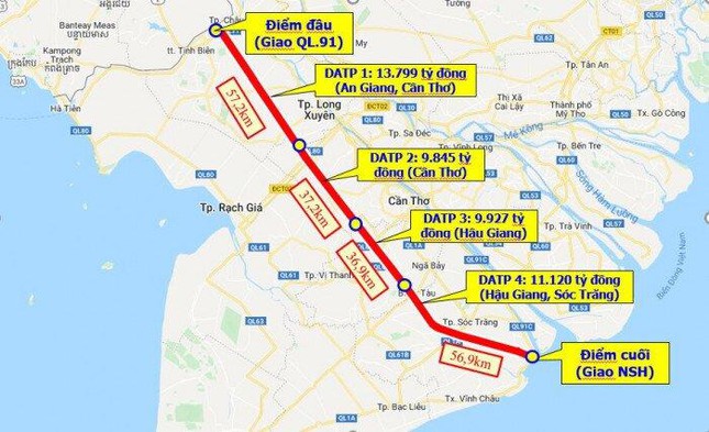 Sơ đồ hướng tuyến dự án cao tốc Châu Đốc - Cần Thơ - Sóc Trăng.