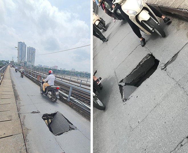 Terrified, a big hole appeared in the middle of Long Bien bridge - 1