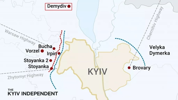 Vị trí làng Demydiv&nbsp;ở phía bắc Kiev (ảnh: NY Times)