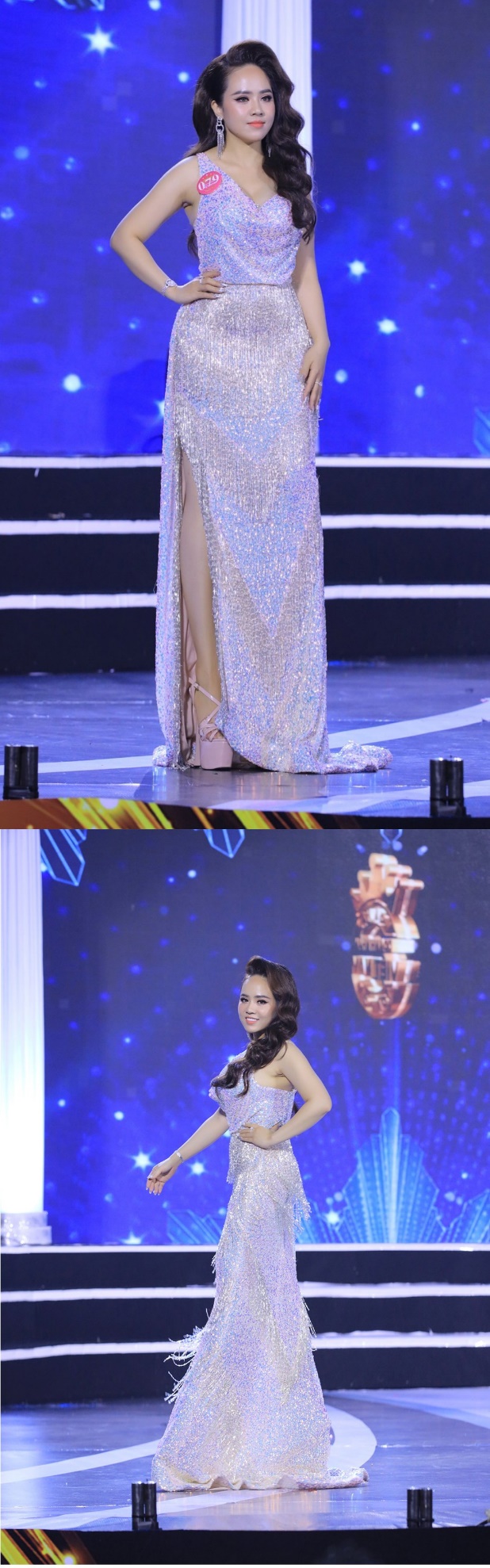 Thí sinh Lê Thị Hồng Thắm tự tin bước từng bước trình diễn trang phục dạ hội