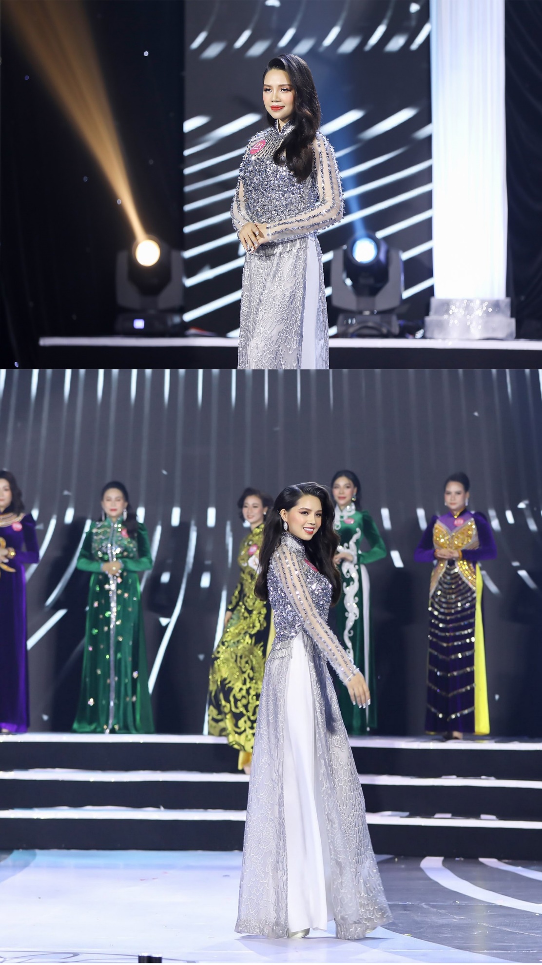 Thí sinh Nguyễn Thị Thảo thướt tha trong tà áo dài đến từ NTK Đức Minh