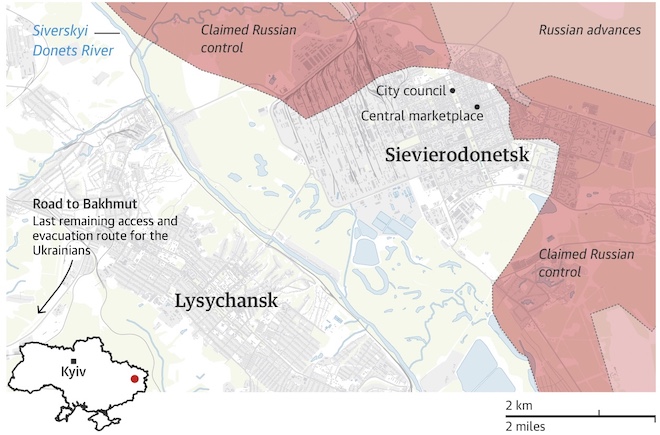 Quân đội Nga và các lực lượng hậu thuẫn siết chặt vòng vây ở Severodonetsk (Sievierodonetsk).