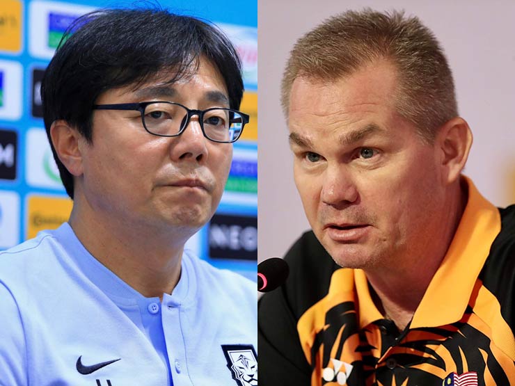 HLV&nbsp;Hwang Sun Hong (U23 Hàn Quốc)&nbsp;và Brad Maloney (U23 Malaysia)