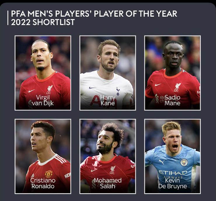6 ứng viên được đề cử cho giải Cầu thủ nam hay nhất bóng đá Anh 2021/22 của PFA