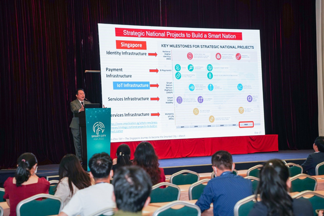 Ông David Chua (người trình bày) tại Smart City Asia 2022 đã chia sẻ với các đại biểu về quá trình phát triển Thành phố thông minh của Singapore. Ảnh: VISCO