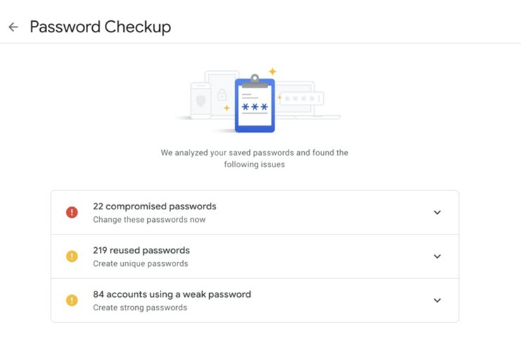 Sử dụng Password Checkup để kiểm tra mật khẩu của tài khoản Google.