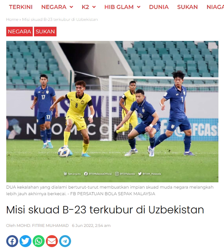 Tờ Kosmo chán nản trước trận thua 0-3&nbsp;của U23 Malaysia