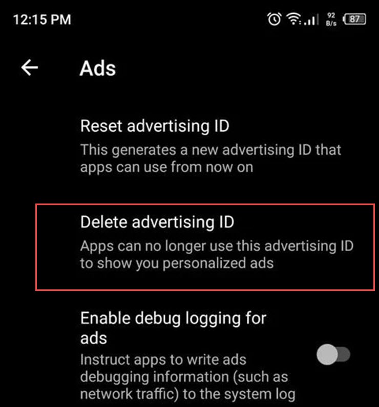 Xóa ID quảng cáo để tránh bị theo dõi thông tin.