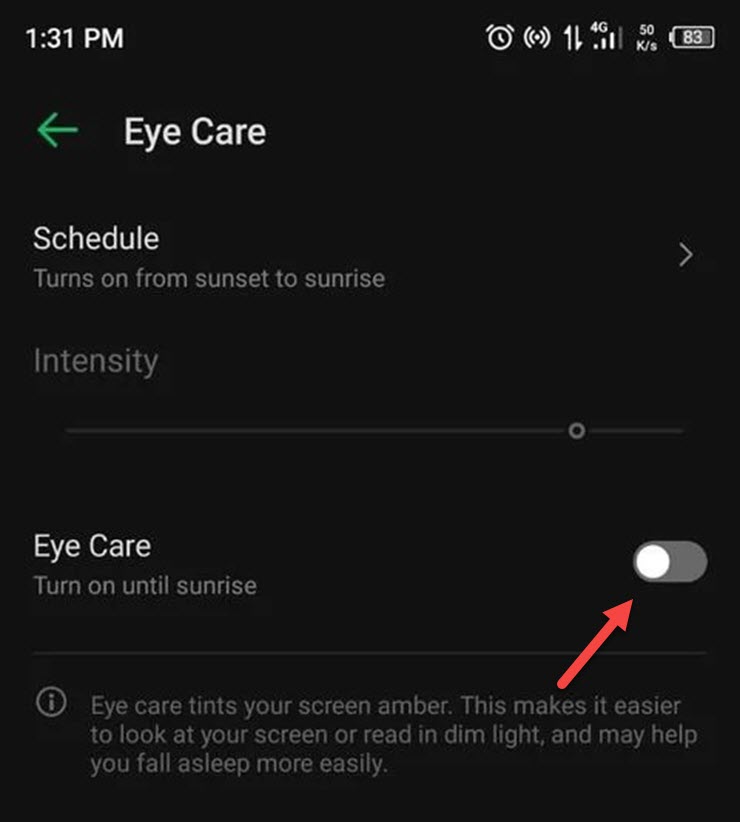 Bật chế độ Eye Care (Night Light) để bảo vệ mắt.