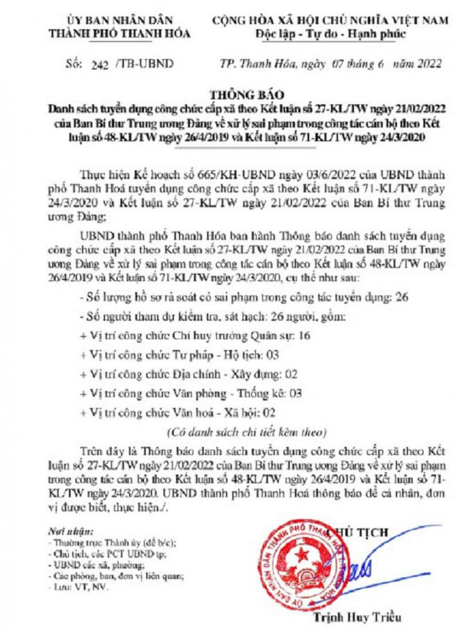 Thông báo danh sách và vị trí tuyến dụng lại 26 cán bộ của TP Thanh Hóa