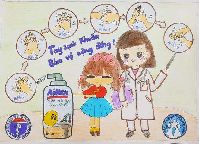 Bài dự thi đến từ bé Uyên Nhi - hiện đang là học sinh lớp 3 - lấy ý tưởng từ 6 bước rửa tay đúng chuẩn theo khuyến cáo của Bộ Y tế. Tuy còn nhỏ tuổi, nhưng có thể thấy Uyên Nhi đã sớm sở hữu năng khiếu hội họa, đồng thời cô bé rất có ý thức giữ gìn vệ sinh tay để bảo vệ sức khỏe. Trong tranh, Uyên Nhi còn lồng ghép rất khéo léo hình ảnh của sản phẩm nước rửa tay sạch khuẩn mà cô bé yêu thích, đó là Nước rửa tay Aiken với khả năng tiêu diệt 99.9% vi khuẩn, thật đáng yêu vô cùng!