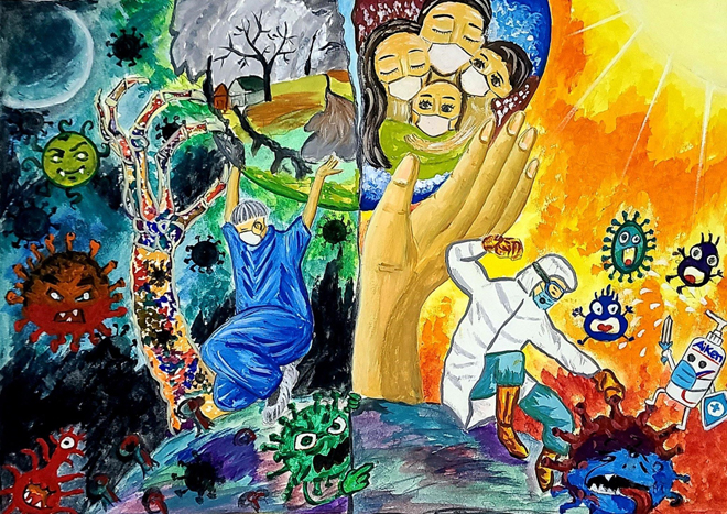 Bức tranh của “họa sĩ nhí” Bảo Châu (6 tuổi) ẩn ý hai nội dung tương phản. Một bên là đôi tay luôn sạch khuẩn mang lại bầu trời tươi sáng, tiếp thêm sức mạnh cho các y bác sĩ và cộng đồng đẩy lùi dịch bệnh, bảo vệ sức khỏe cho tất cả mọi người. Bên còn lại là bàn tay bẩn khiến các y bác sĩ và cộng đồng vất vả chống dịch. Qua đây, Bảo Châu mong mọi người hãy luôn giữ gìn vệ sinh tay để đẩy lùi dịch bệnh, bảo vệ thế giới!