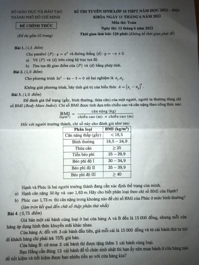 Gợi ý giải đề môn toán kỳ thi tuyển sinh vào lớp 10 - 1