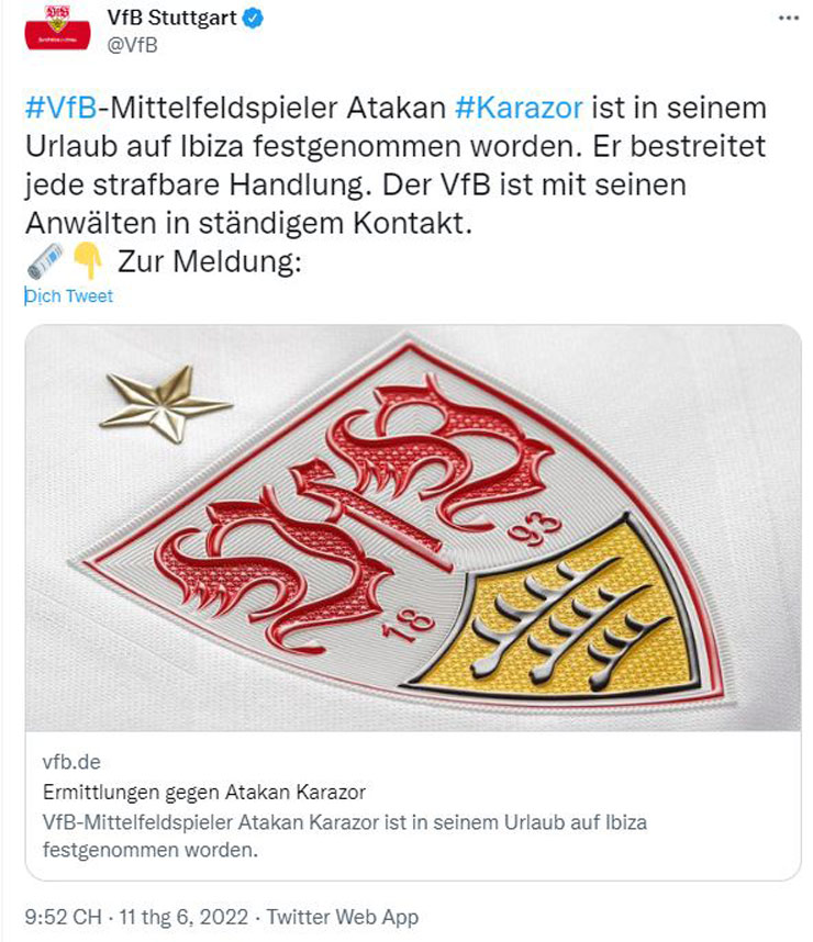 Stuttgart xác nhận cầu thủ của mình, tiền vệ&nbsp;Atakan Karazor đang bị giam giữ để điều tra trọng tội