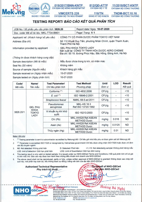 Kết quả kiểm định cho thấy rõ ràng Tokyo Lady là sản phẩm an toàn, lành tính.