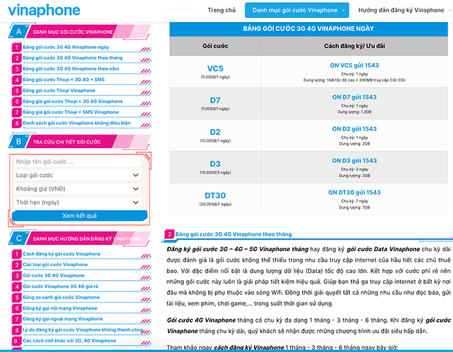 Website Vinaphone.thegioigoicuoc.com cung cấp danh sách gói cước dạng bảng và công cụ Tra cứu chi tiết gói cước độc quyền tại Việt Nam