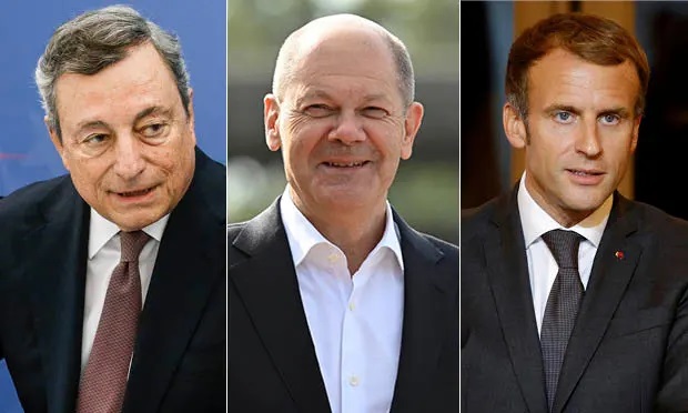 Thủ tướng Ý Mario Draghi, Thủ tướng Đức Olaf Scholz và Tổng thống Pháp Emmanuel Macron (lần lượt từ trái qua) dự kiến có chuyến thăm tới Kiev vào ngày 16/6 (giờ địa phương). Ảnh: EPA