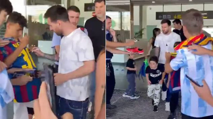 Lionel Messi ký tặng các fan ở sân bay khi cùng gia đình của mình trở về Barcelona nghỉ hè