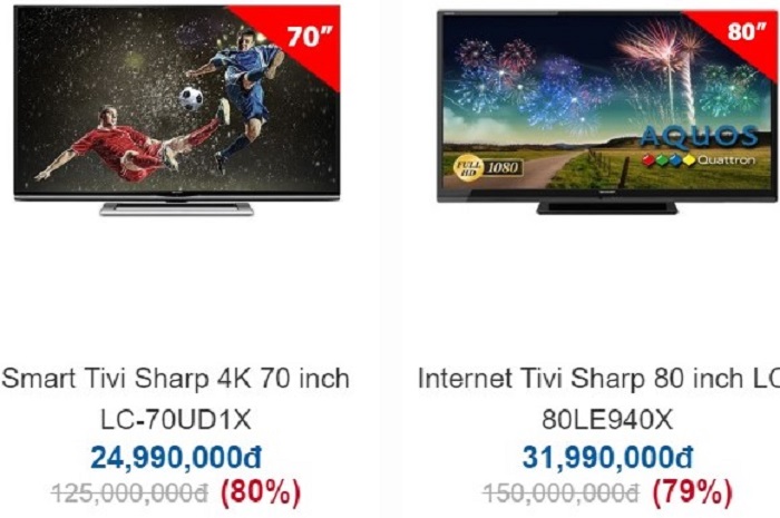Đây là 2 mẫu tivi đang giảm giá lên tới 80% tại siêu thị điện máy. (Ảnh chụp màn hình).