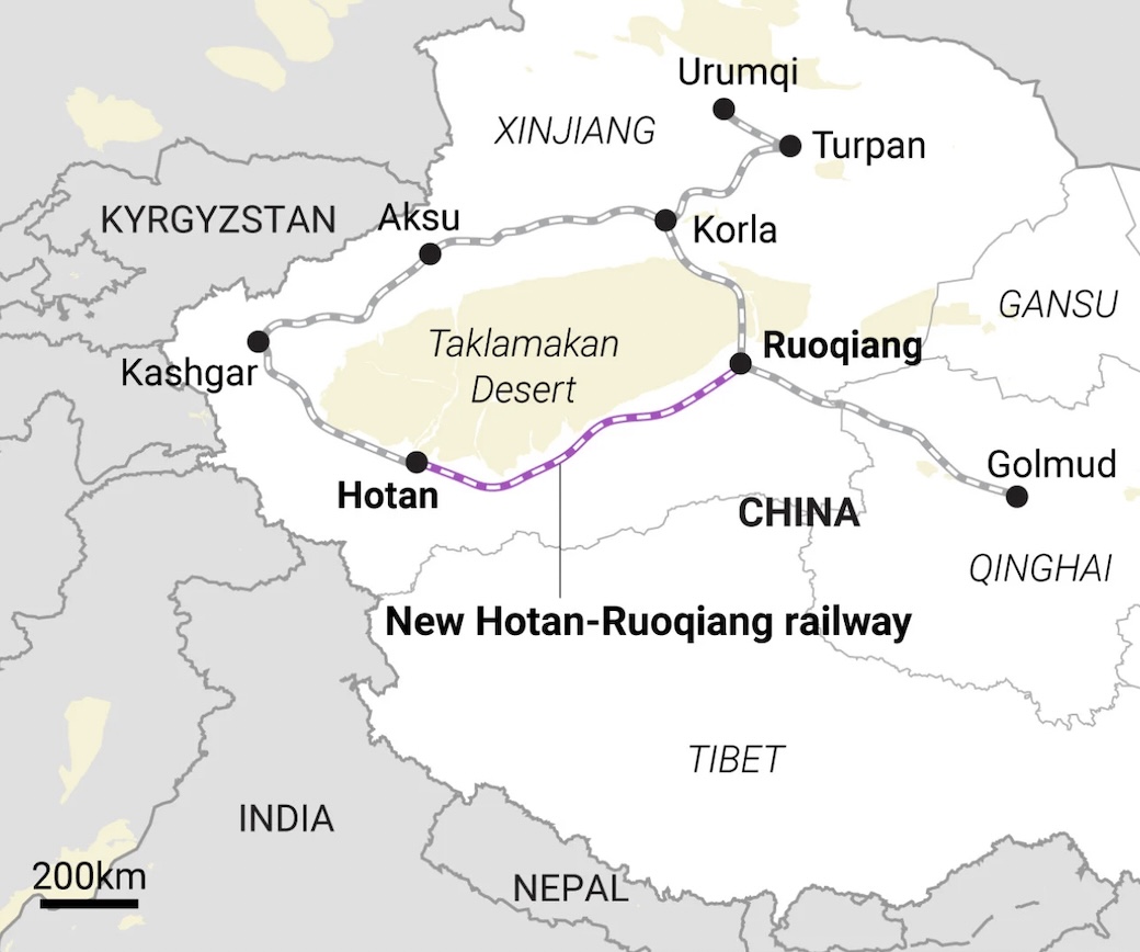 Sơ đồ tuyến vành đai đường sắt bao quanh sa mạc Taklamakan của Trung Quốc.