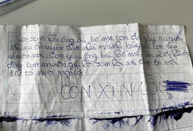 Trước khi rời nhà đi, nam sinh lớp 8 để lại lá thư xin lỗi ông bà, bố mẹ