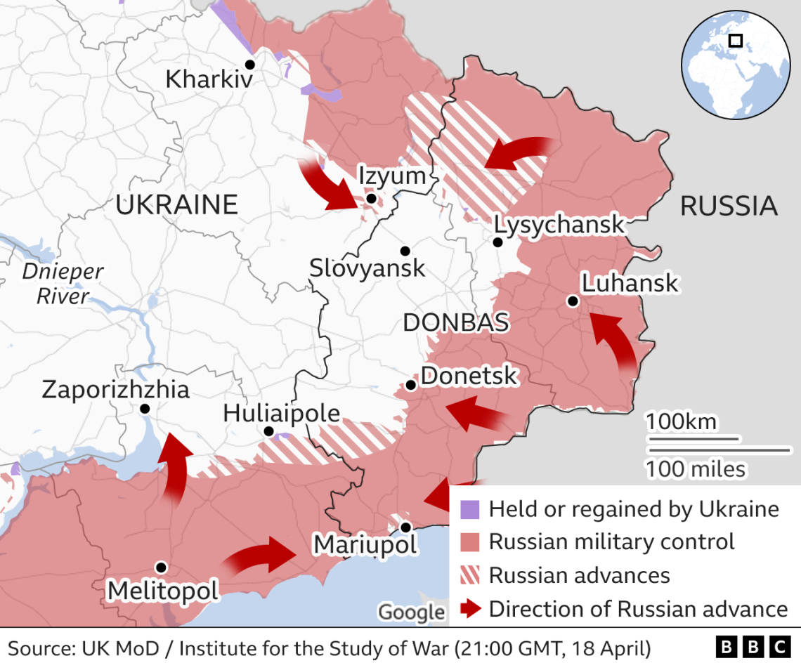 Thành phố Lysychansk trên bản đồ chiến sự Ukraine (ảnh: BBC)