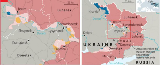 Nga muốn tạo thế "gọng kìm" ở quanh TP Sieverodonetsk (Severodonetsk) để kiểm soát hết vùng Donbass. Ảnh: THE ECONOMIST
