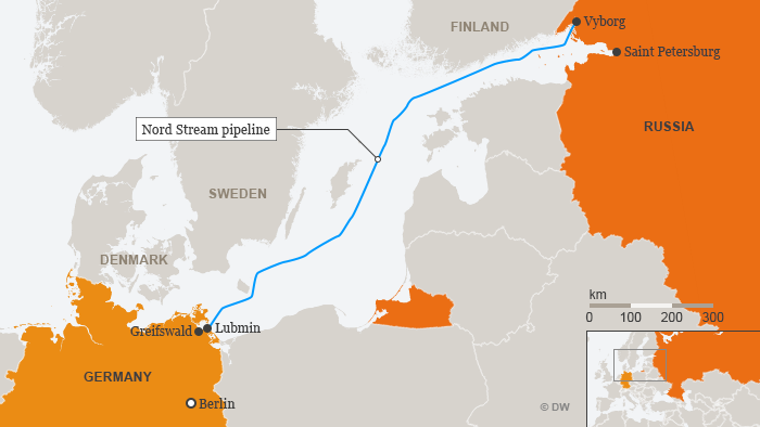 Đường ống khí đốt Nord Stream với điểm đầu ở Nga và điểm cuối ở Đức.