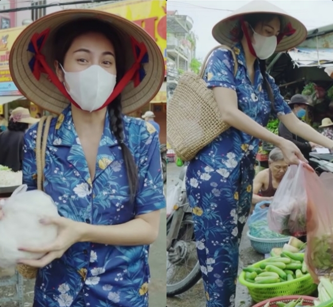Khi về quê, Thủy Tiên thường xuyên diện đồ bộ, đội nón, đi dép lê giản dị.
