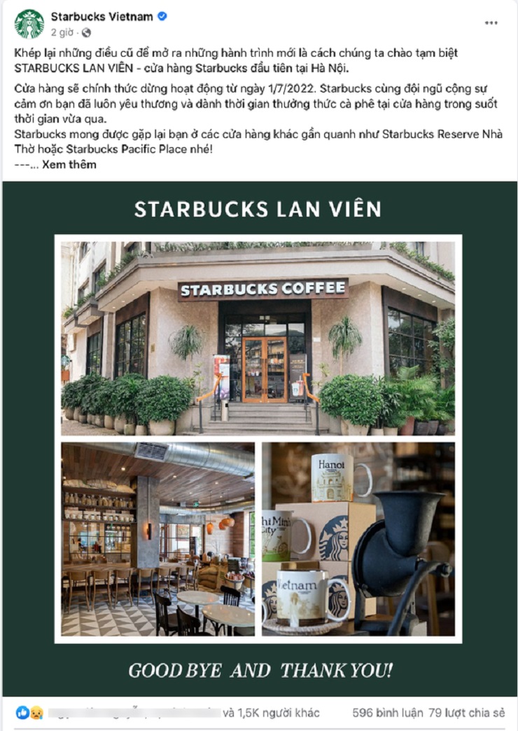 Starbucks Lan Viên là cửa hàng đầu tiên tại Hà Nội sẽ chính thức đóng cửa từ&nbsp;từ ngày 1/7