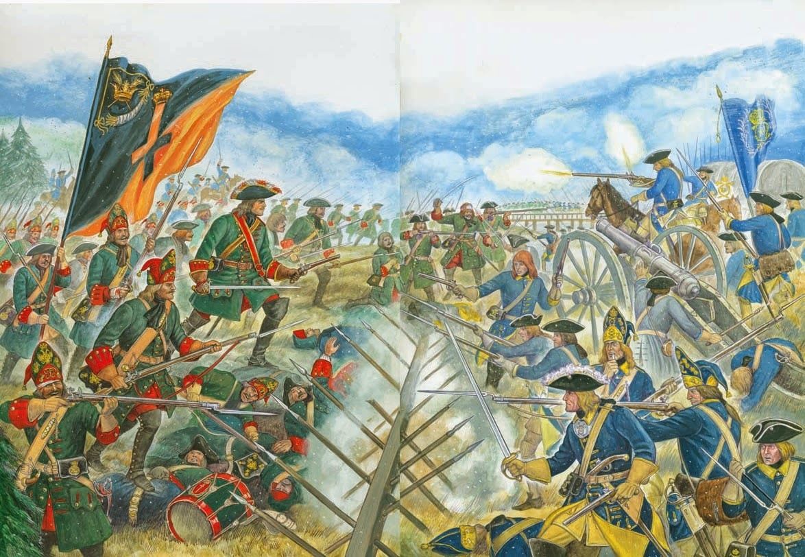 Bộ binh Nga của Peter Đại đế (trái) đối đầu với bộ binh Thụy Điển của vua Charles XII trong đại chiến Bắc Âu. Ảnh minh họa: Weapons and Warfare