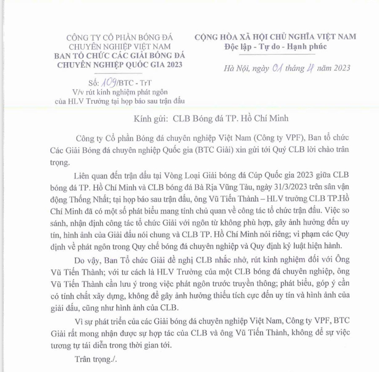 VPF vừa có công văn gửi đến CLB TP.HCM 