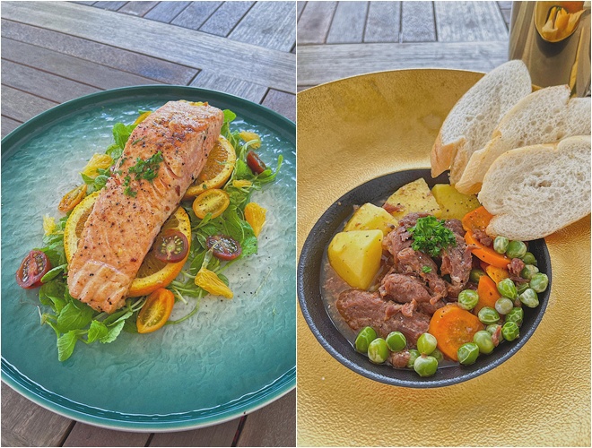 Cá hồi sốt cam, bò hầm rau củ cũng được trình bày đẹp mắt như ở trong các nhà hàng phương Tây cao cấp.
