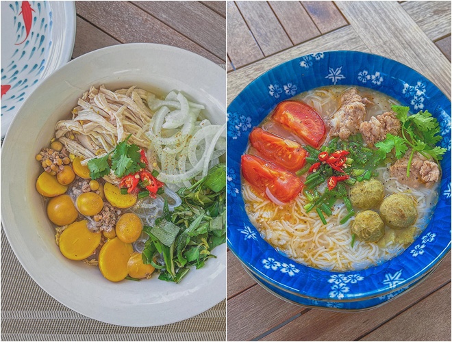 Cô làm miến gà trứng non, bún sườn sấu nhìn đã thấy đủ chất lượng.