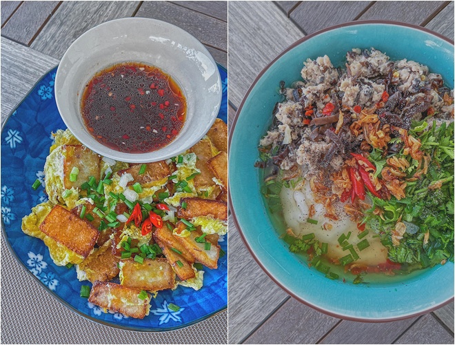 Cô trổ tài làm cơm tay cầm, bánh mì hấp, miến xào cua, mì hoành thánh, bột chiên, bánh đúc nóng...