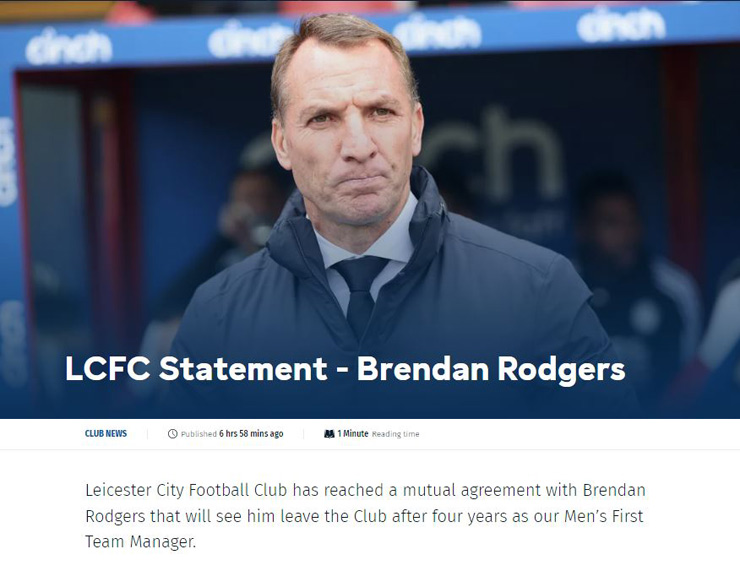 Trang chủ của Leicester City xác nhận đội nhà vừa chấm dứt hợp đồng với HLV Brendan Rodgers