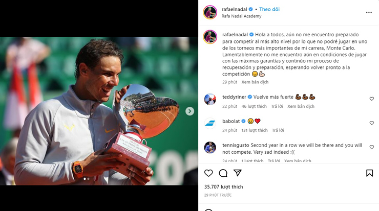 Nadal chia sẻ về quyết định từ bỏ Monte Carlo Masters 2023 trên trang cá nhân