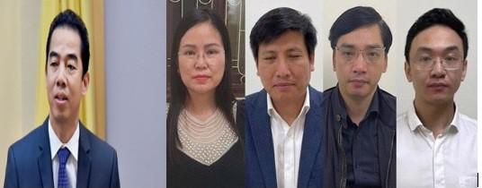 Từ trái qua, các bị can: Tô Anh Dũng, Nguyễn Thị Hương Lan, Đỗ Hoàng Tùng, Lê Tuấn Anh, Lưu Tuấn Dũng