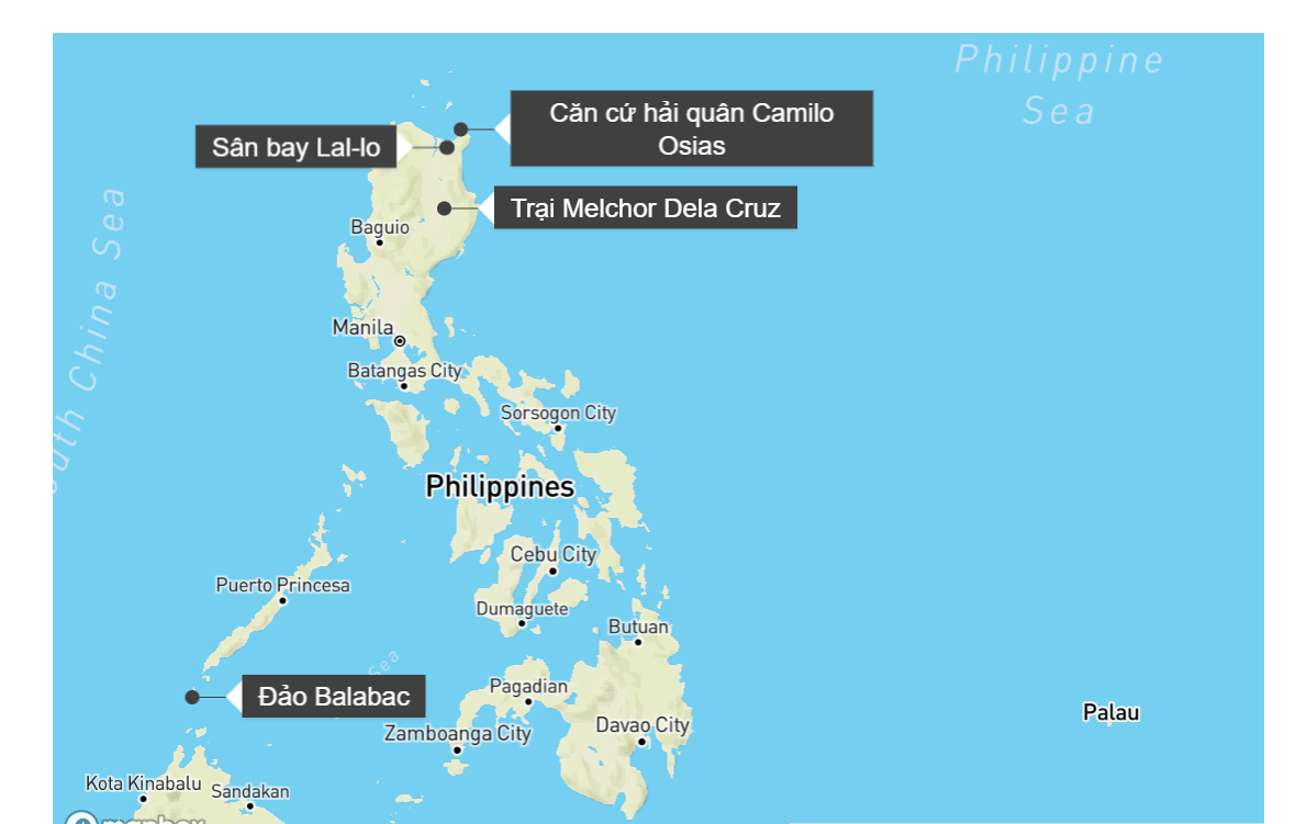 Bản đồ 4 vị trí mới ở Philippines mà quân đội Mỹ được phép tiếp cận (ảnh: CNN)