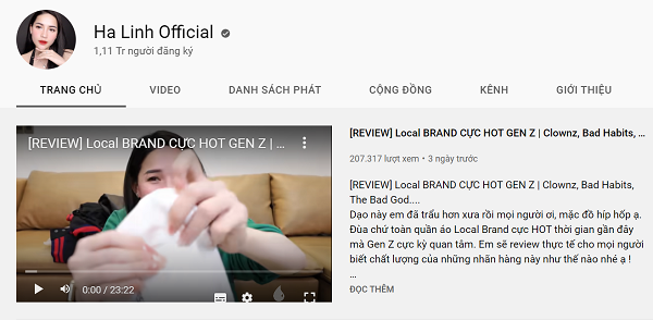 &nbsp;Theo thống kê từ trang dữ liệu Social Blade, kênh YouTube “Ha Linh Official” của Võ Hà Linh được thành lập từ năm 2019, với 384 video đã đăng tải và có hơn 276 triệu lượt xem. Ảnh: Chụp màn hình kênh Youtube Hà Linh Official