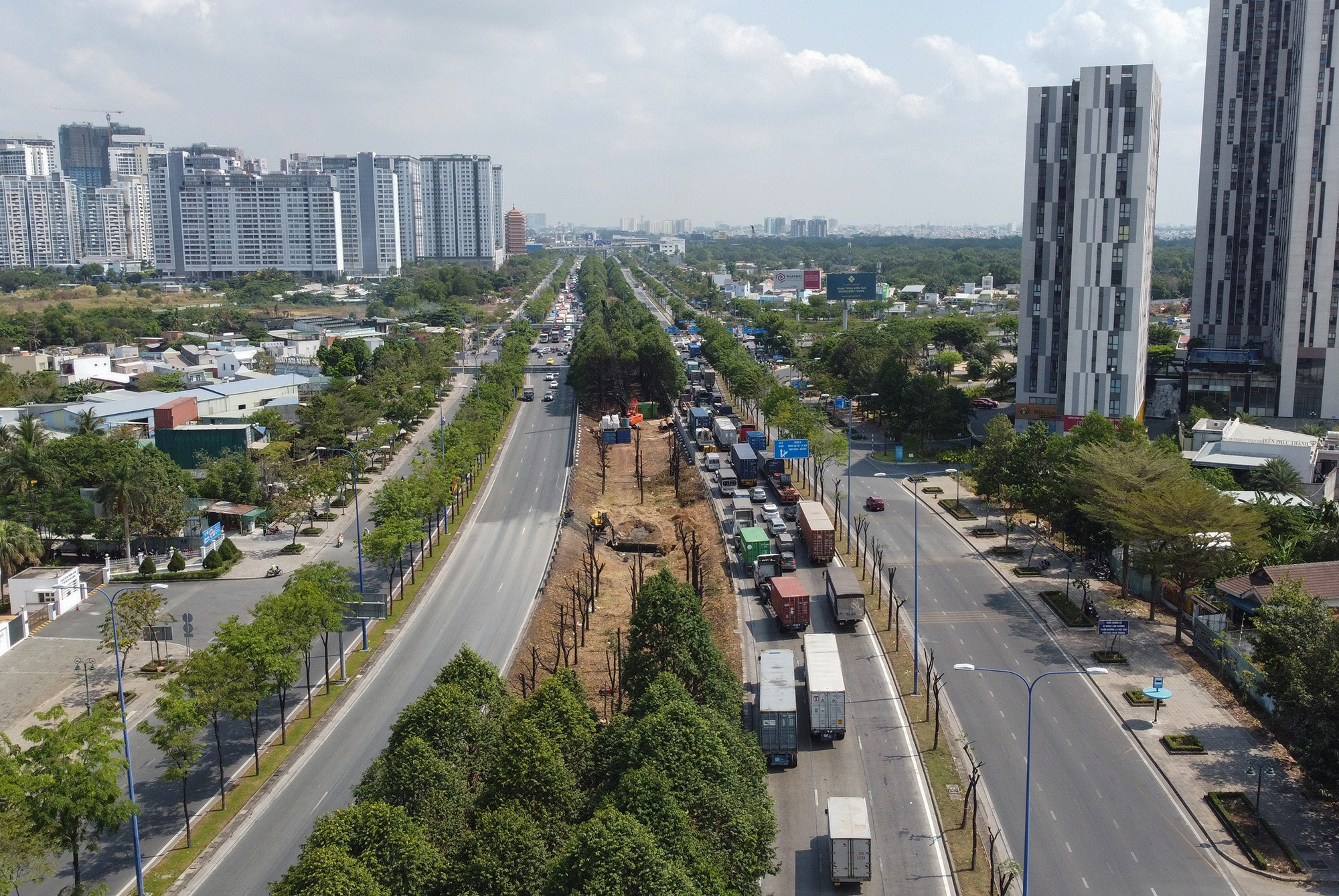 Những ngày qua, nhiều hàng cây xanh giữa dải phân cách, vỉa hè đường Mai Chí Thọ đang được cưa cành, đào gốc chuẩn bị di dời, hoặc đốn hạ để phục vụ thi công dự án giao thông đoạn nút giao thông An Phú (TP Thủ Đức, TP.HCM).