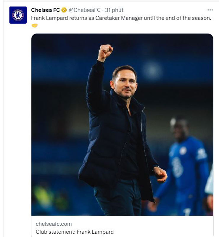 Chelsea xác nhận tái bổ nhiệm Frank Lampard làm HLV của CLB này
