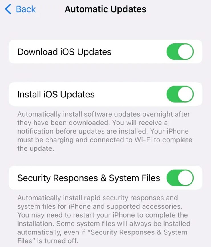 Các tùy chọn cập nhật trên iOS 16.4.