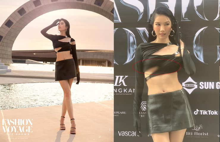 Trong khi đó, Á hậu Phương Anh thì bị lộ miếng silicon khi diện áo croptop xu hướng underboob.
